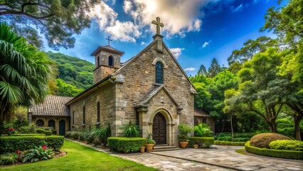 beautiful stone building with a prominent Christian cross, lush greenery, and a tranquil atmosphere, evoking a sense of faith and academic pursuit.