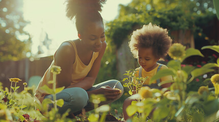 Mother and daughter in the backyard flower garden, helping each other plant or take care of the flower bed.