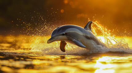 Dolphin is jumping out of the water creating a splash at sunset