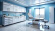 © Four888 - Clean and modern medical exam room with a stainless steel examination table, cabinets, and futuristic equipment against a calming blue and white backdrop.