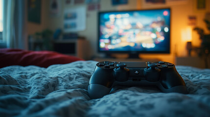 Cozy gaming setup with a controller resting on a bed while a bright screen displays an engaging game at home in the evening