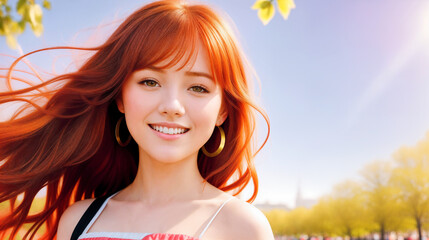 Wall Mural - Portrait of red-haired girl on summer field.Summer, sun, grass, joy.Digital creative designer art fashion.