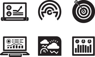 A clean vector icon set including a user engagement, bounce rate, page views, and heat map .icons in black and white style with isolated on white