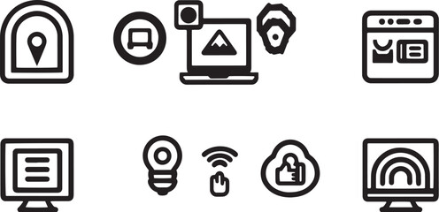 A clean vector icon set including a user engagement, bounce rate, page views, and heat map .icons in black and white style with isolated on white