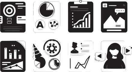 A clean vector icon set including a user engagement, bounce rate, page views, and heat map .icons in black and white style with isolated on white
