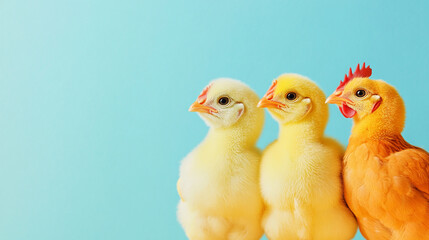 Three adorable chicks and one vibrant hen gather closely against a soft blue backdrop, showcasing their playful interaction and colors