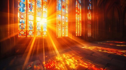 Beautiful Church Interior with Stunning Stained Glass Windows Illuminated by Sunlight Casting Vibrant Colors