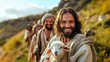 © AnastasiiaCherkas - Cheerful Jesus Holding a Lamb Surrounded by Disciples in a Serene Landscape with Warm Glowing Sunlight