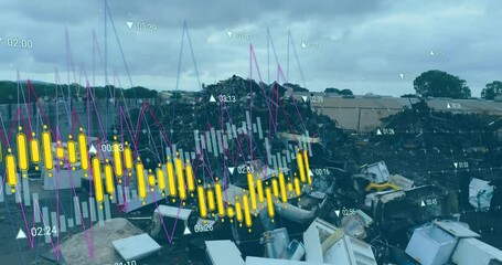 Sticker - Financial data graph animation over industrial scrapyard with piles of metal debris