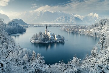 Wall Mural - A stunning winter landscape featuring a serene island castle surrounded by tranquil waters and majestic mountains. This is a dreamlike scene evoking calmness. Generative AI