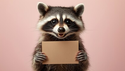 smiling raccoon on a background of gradient holds a rectangular piece of paper in its paws