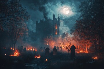 Wall Mural - A cemetery with candles looks creepy and scary at Halloween