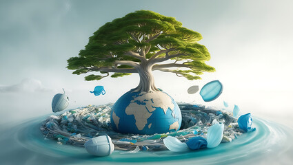 Planet vs. Plastics , Earth day 2024 concept 3d tree background. Ecology concept. Design with globe map drawing and leaves isolated on white background.