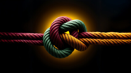 Wall Mural - Team rope diverse strength connect partnership together teamwork unity communicate support. Strong diverse network rope team concept integrate braid color background cooperation empower power.