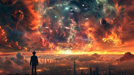 Wall Mural - a lone figure gazes into the fiery expanse of a cosmic storm, a surreal cityscape sprawling beneath 