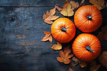 Wall Mural - Top view of orange pumpkins and autumn leaves on a wooden background with copy space, perfect for Halloween concept and fall harvest decoration