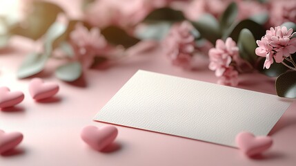 Valentine's Day concept featuring a blank card and hearts on a pink background for greeting card mockups, gift vouchers, or romantic wedding invitations.