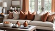 © Hendry - Close up of fabric sofa with white and terra cotta pillows. French country home interior design of modern living room