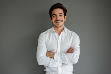 Young business man at seminar with colleagues  smiling.