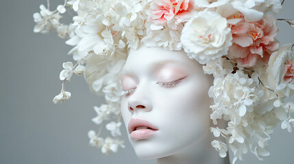 A serene model with white skin and a floral headdress poses softly against a neutral background in an artistic display