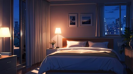 Quiet anime bedroom at night, lit by a small bedside lamp, with soft shadows and a serene atmosphere