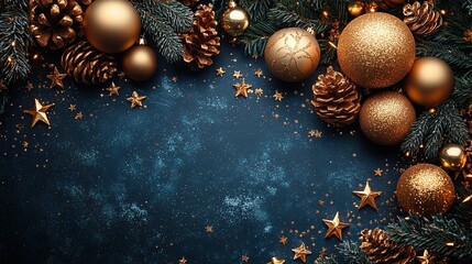 Elegant vertical banner design for a Christmas party invitation featuring luxury gold decorations on a dark blue table with golden balls, stars, and confetti. Top view.