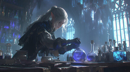 focused elf alchemist mixing vibrant blue potions in an ancient laboratory illuminated by mystical light