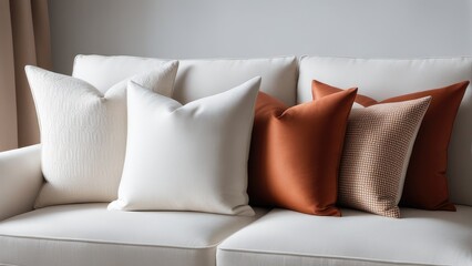 Close up of fabric sofa with white and terra cotta pillows. French country home interior design of modern living room