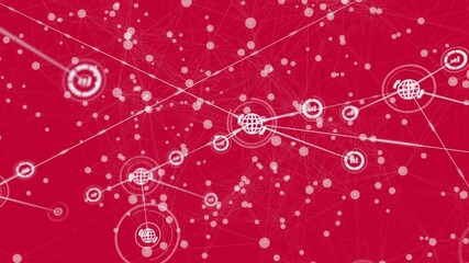 Poster - Network of connections and data processing animation over red background