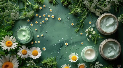 Natural organic cosmetics set with chamomile buds on green background flat lay