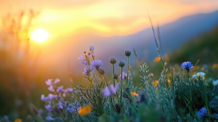 Wall Mural - beautiful field with colorful wild flowers foggy landscape at sunrise or dawn with setting or rising