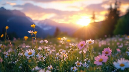 Wall Mural - beautiful field with colorful wild flowers foggy landscape at sunrise or dawn with setting or rising