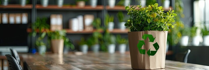 Wall Mural - A small potted plant with a green recycling symbol on a wooden meeting table, set within a modern office space filled with green decor and natural elements.