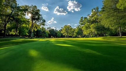 Wall Mural - Golden Hour on the Green: A picturesque golf course bathed in the warm glow of the setting sun, with lush green grass, towering trees, and a breathtaking sky.  