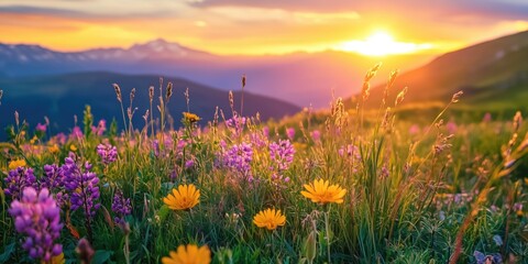 Wall Mural - beautiful field with colorful wild flowers foggy landscape at sunrise or dawn with setting or rising
