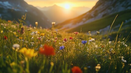 Wall Mural - beautiful field with colorful wild flowers foggy landscape at sunrise or dawn with setting or rising