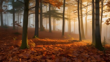 Wall Mural - Misty morning sunlight filters through autumnal leaves, painting the forest floor in vibrant hues of orange and gold