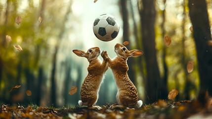 Cute rabbit playing football with a beautiful background.