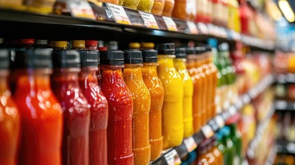 Grocery Aisle with a Vibrant Selection of Condiments and Sauces on Display