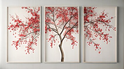 set of three vertical poster, minimalist  sakura tree and branches  painting wall art decoration clean background