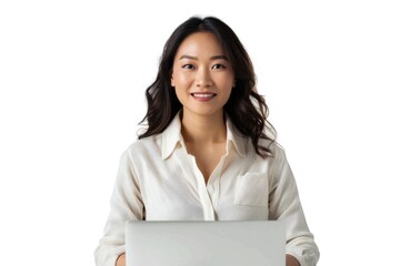 Portrait of a happy asian businesswoman working on laptop computer isolated over white background