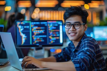 Smiling software developer coding on a laptop in a modern workspace with computer monitors displaying code in the background