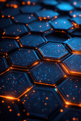 Wall Mural - Hexagonal Technology Pattern,  A hexagonal design featuring glowing blue and orange elements on a dark backdrop, symbolizing modern technology and connectivity