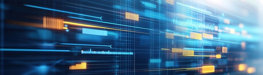 Abstract technology background with blue and yellow data lines. Futuristic digital interface with dynamic motion. High-tech innovation concept.
