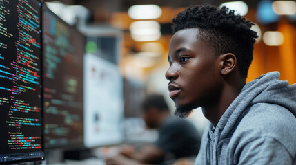 african student studying, a side view of an african student engaging with computer coding and cybers