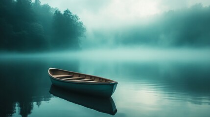 Sticker - A small wooden boat floats on a calm, misty lake with trees in the background.