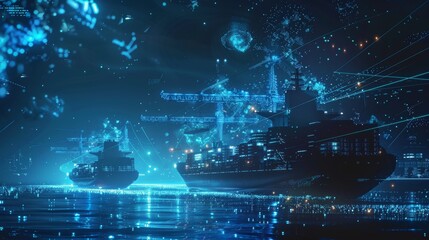 Futuristic ships in a neon-lit harbor, showcasing a digital cityscape with blue glowing elements representing technological advancement.