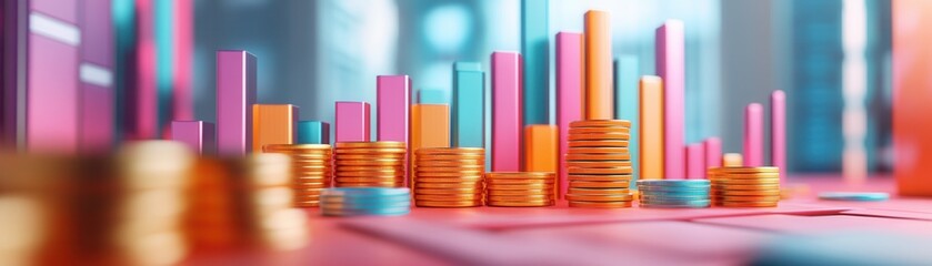 Colorful graph bars and stacked coins representing financial growth and market analysis.