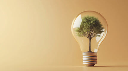 Light bulb with a tree inside on a light brown background, a sustainable energy concept.