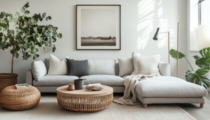 Wall Mural - Warm minimalist living room with gray sofa, wood accents, and cozy lighting 4. Generative AI